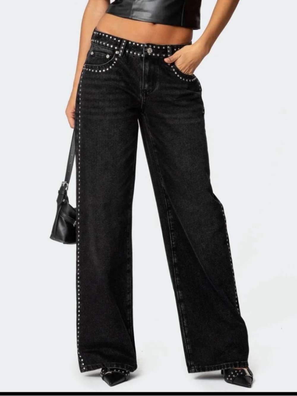 Host Pick - Edikted Black Wide-Leg Jeans with Silver Stud Trim